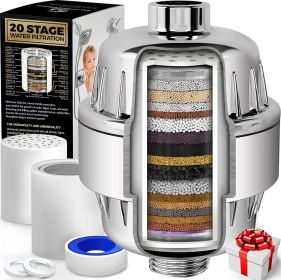 20 Stage Shower Head Filter with Vitamin C E A for Hard Water Chrome Color 2 Replacement Cartridges High Output Filter to Remove Chlorine and Flu