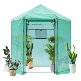 Walk-in Greenhouse Hexagonal Upgrade Reinforced Frame Heavy Duty Plastic Greenhouse Reinforced Thickened Waterproof Insulation  6.9x7.5 Ft (Color: Green)